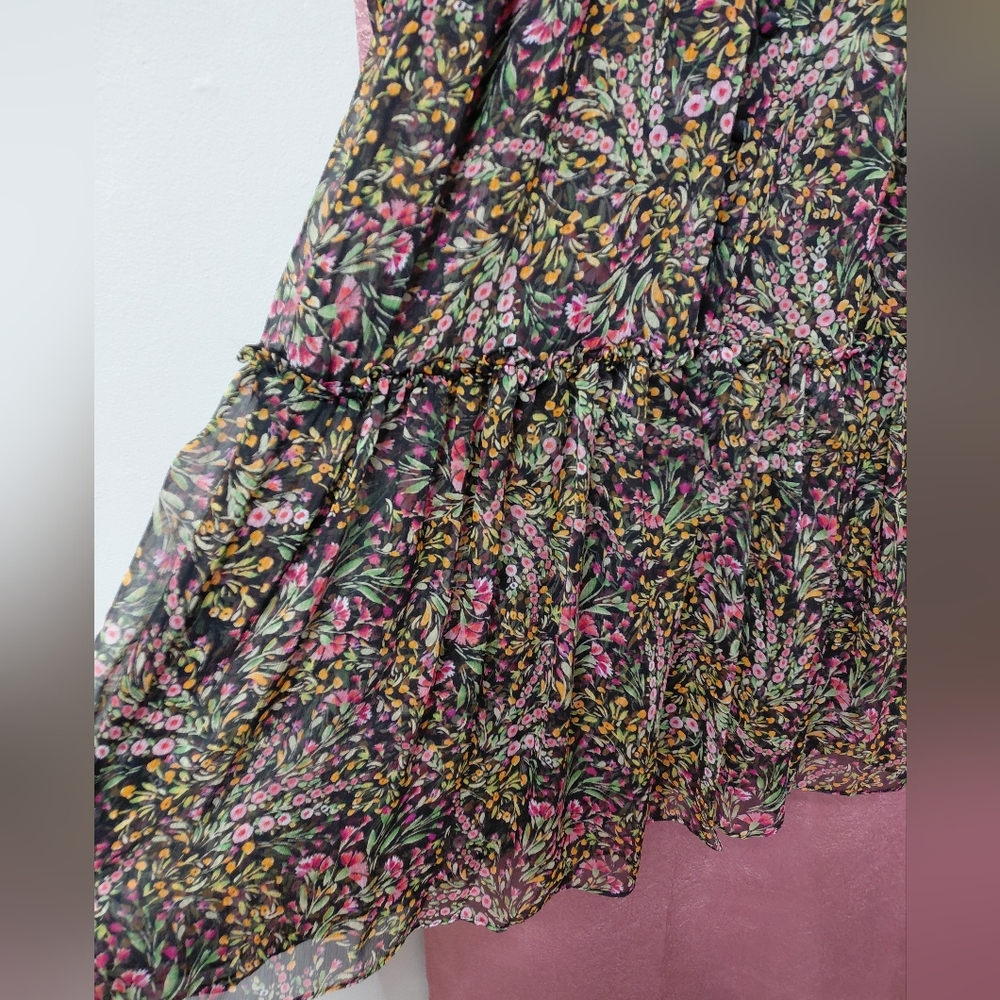 Misa Los Angeles Black Pink Floral Sheer Maxi V Neck Dress Delicate Pretty - Picture 5 of 11